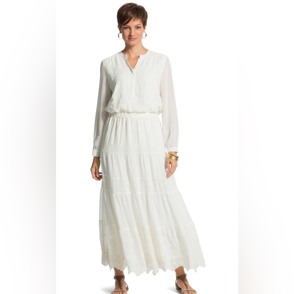 Chico’s Women’s peasant dress size 2.  Black Label embroidered maxi dress. NWT